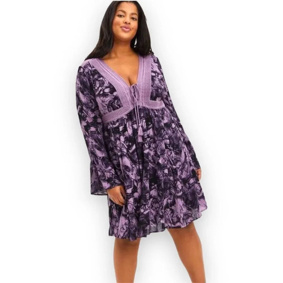 Torrid Mini‎ Gauze Lace-Up Skater Dress Women’s Size 6X Boho Marble Purple Curvy - Picture 1 of 12